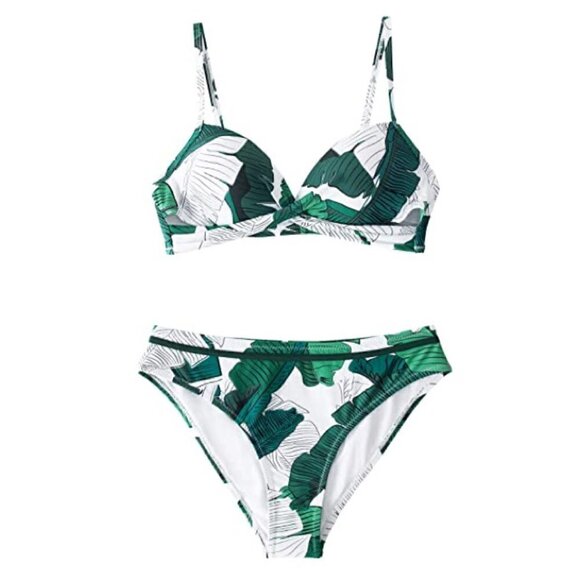 NEW White & Green Leafy Tropical Print Bikini Swim Set Size Small - Picture 1 of 9